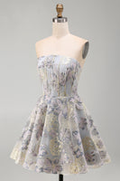 Load image into Gallery viewer, Blue Flower Corset Strapless A Line Jacquard Short Cocktail Dress