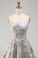 Load image into Gallery viewer, Blue Flower Corset Strapless A Line Jacquard Short Cocktail Dress