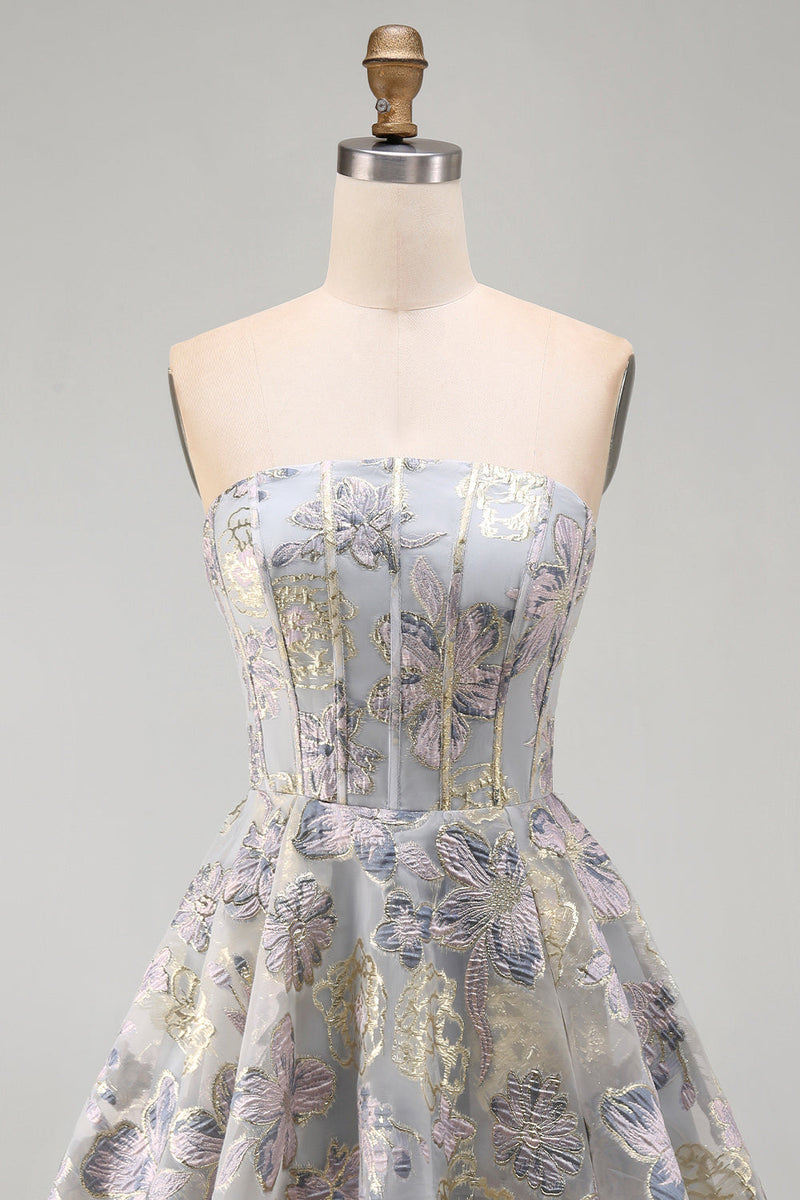 Load image into Gallery viewer, Blue Flower Corset Strapless A Line Jacquard Short Cocktail Dress