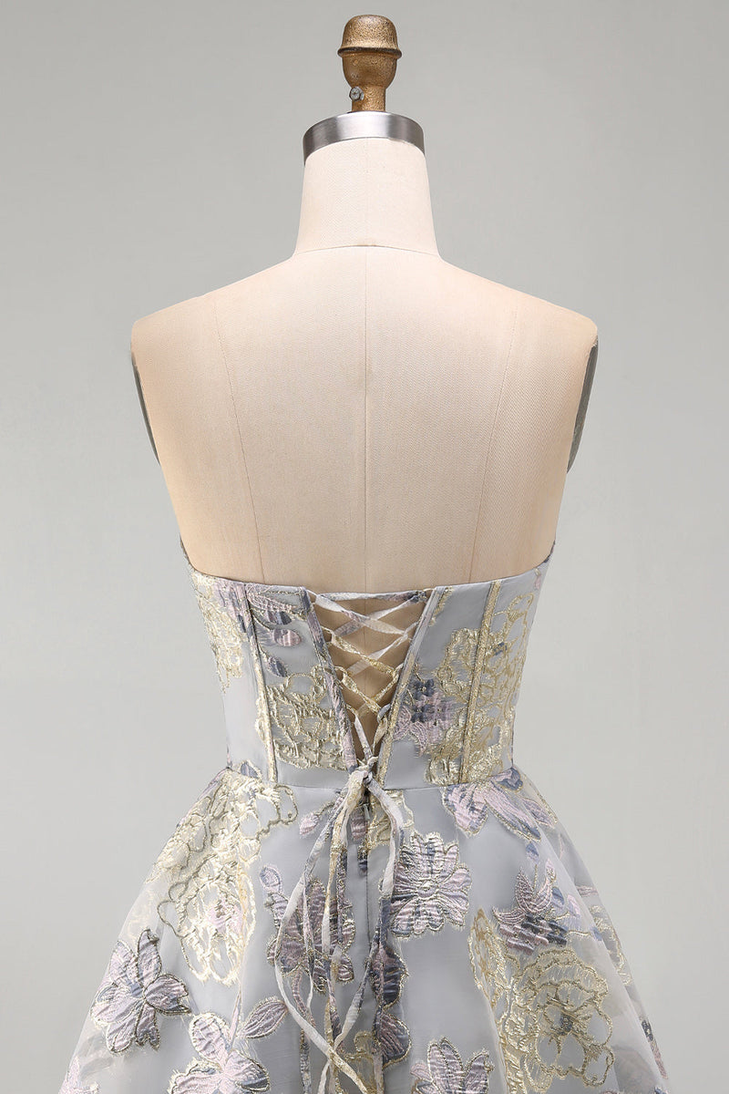 Load image into Gallery viewer, Blue Flower Corset Strapless A Line Jacquard Short Cocktail Dress