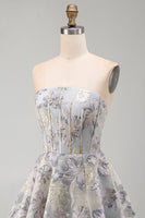 Load image into Gallery viewer, Blue Flower Corset Strapless A Line Jacquard Short Cocktail Dress