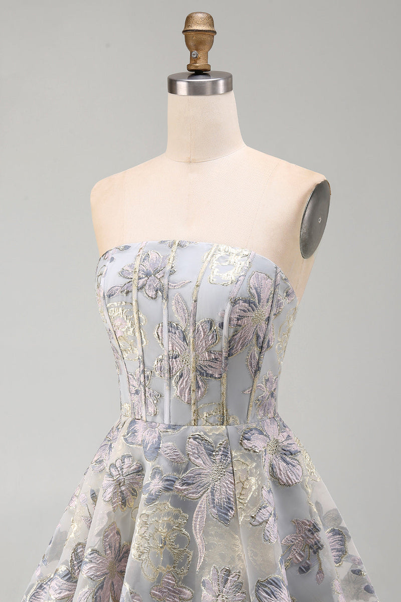 Load image into Gallery viewer, Blue Flower Corset Strapless A Line Jacquard Short Cocktail Dress