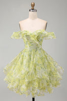 Load image into Gallery viewer, Yellow Green Ruffled A Line Off the Shoulder Floral Short Cocktail Dress