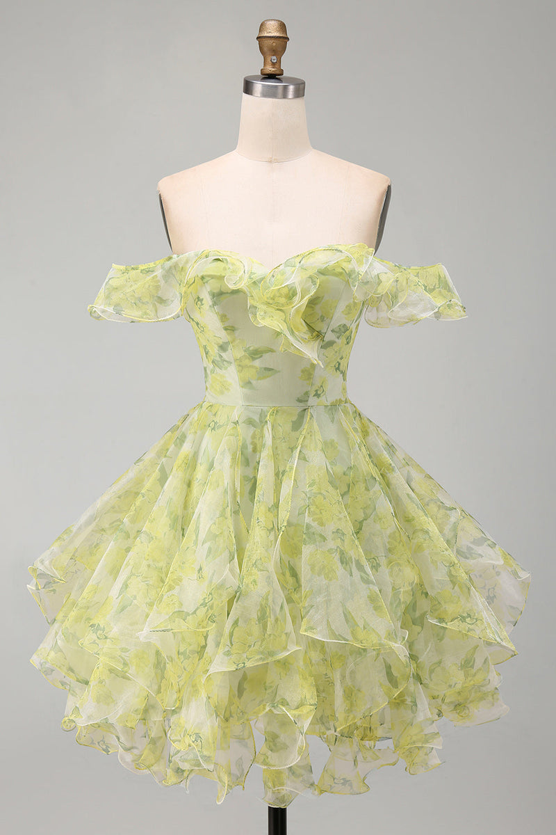 Load image into Gallery viewer, Yellow Green Ruffled A Line Off the Shoulder Floral Short Cocktail Dress
