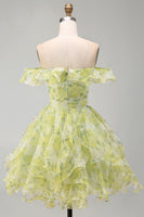 Load image into Gallery viewer, Yellow Green Ruffled A Line Off the Shoulder Floral Short Cocktail Dress