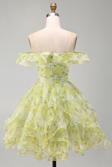 Yellow Green Ruffled A Line Off the Shoulder Floral Short Cocktail Dress