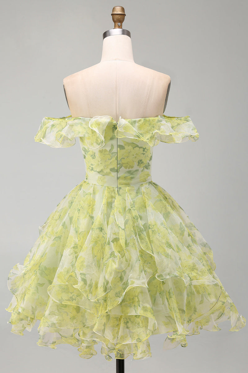 Load image into Gallery viewer, Yellow Green Ruffled A Line Off the Shoulder Floral Short Cocktail Dress