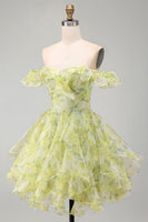 Load image into Gallery viewer, Yellow Green Ruffled A Line Off the Shoulder Floral Short Cocktail Dress