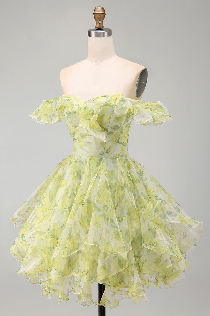 Load image into Gallery viewer, Yellow Green Ruffled A Line Off the Shoulder Floral Short Cocktail Dress
