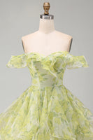 Load image into Gallery viewer, Yellow Green Ruffled A Line Off the Shoulder Floral Short Cocktail Dress