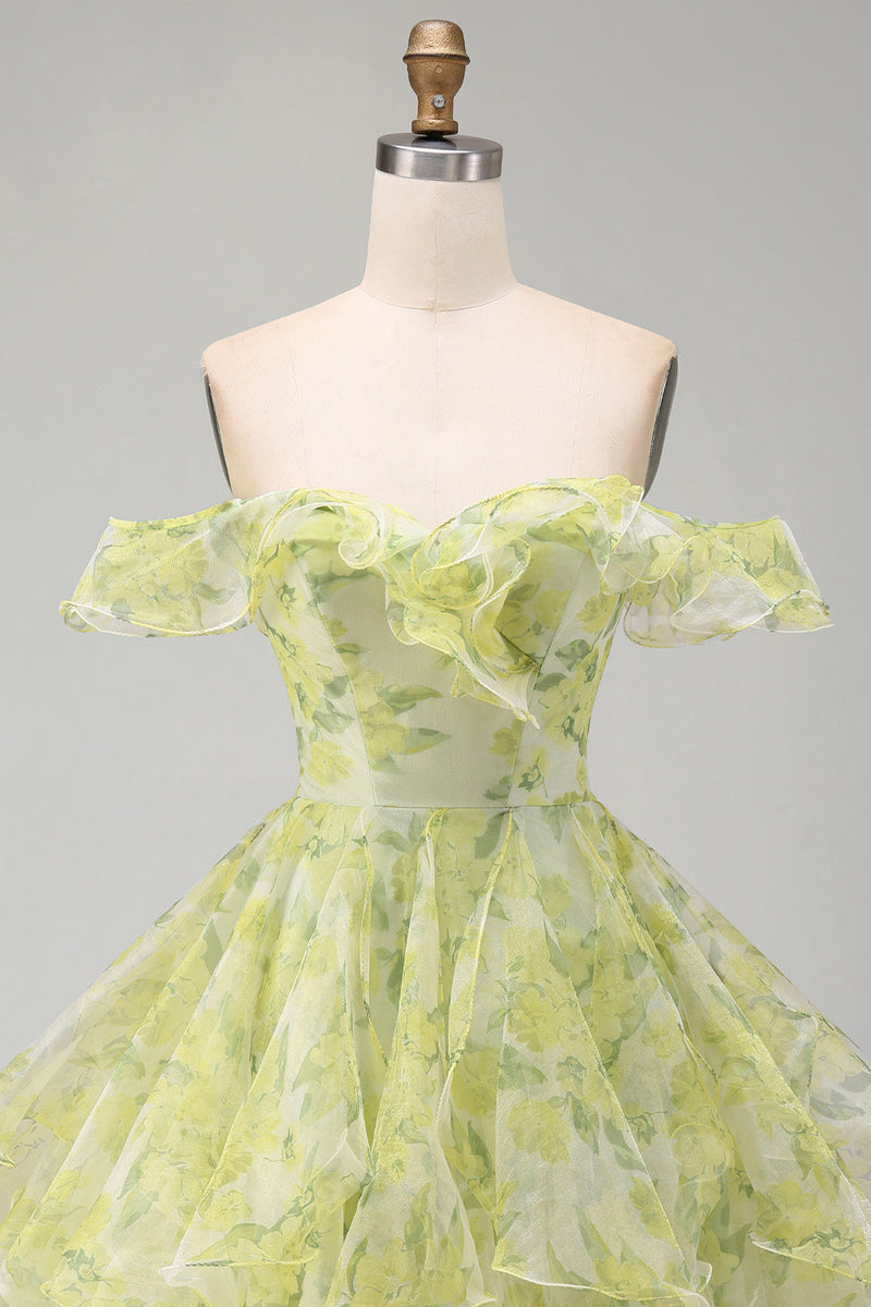 Load image into Gallery viewer, Yellow Green Ruffled A Line Off the Shoulder Floral Short Cocktail Dress