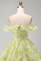 Load image into Gallery viewer, Yellow Green Ruffled A Line Off the Shoulder Floral Short Cocktail Dress