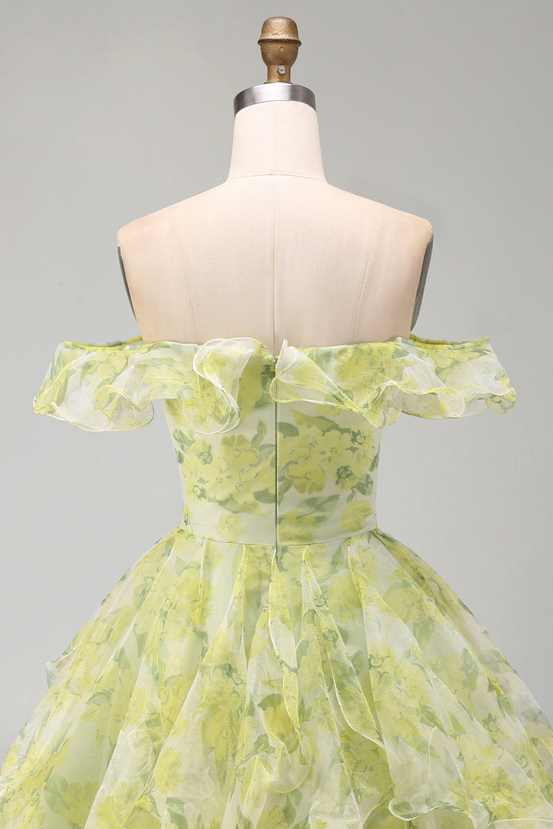 Load image into Gallery viewer, Yellow Green Ruffled A Line Off the Shoulder Floral Short Cocktail Dress