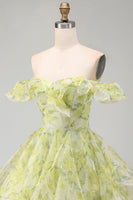 Load image into Gallery viewer, Yellow Green Ruffled A Line Off the Shoulder Floral Short Cocktail Dress