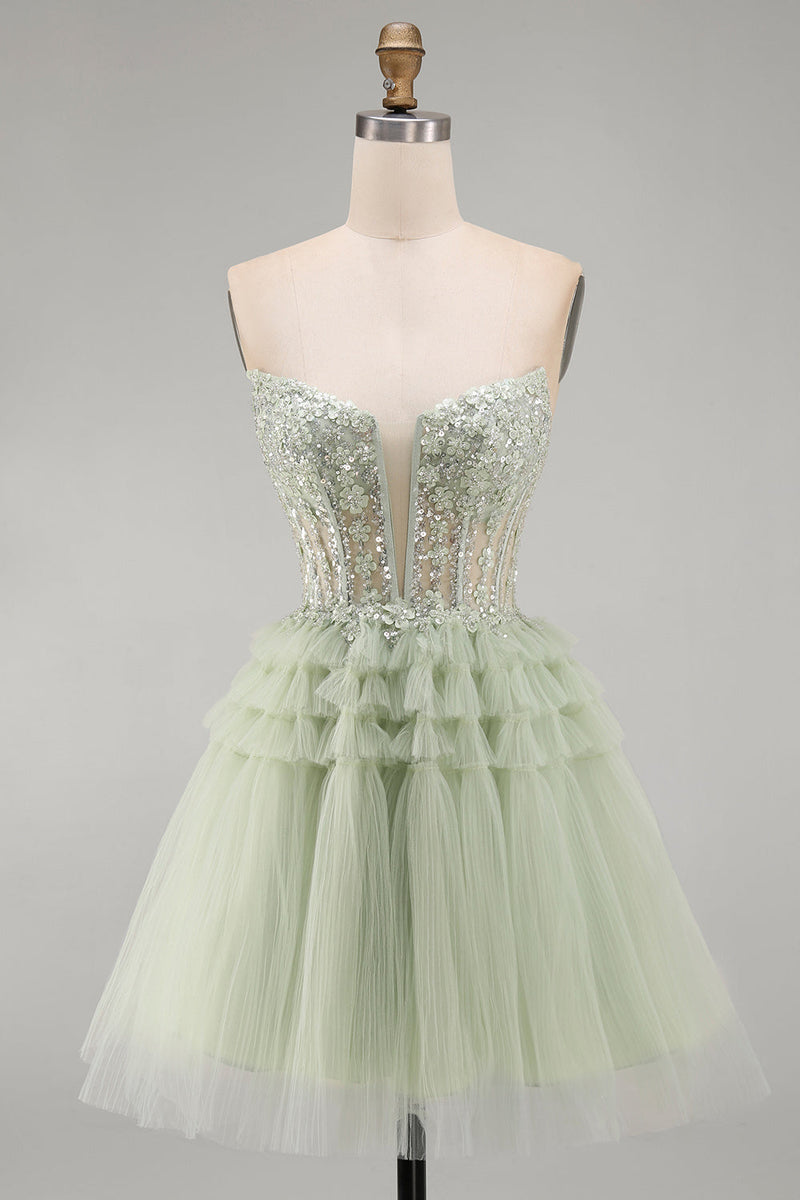 Load image into Gallery viewer, Floral Dusty Sage A-Line Corset Ruffled Short Cocktail Dress