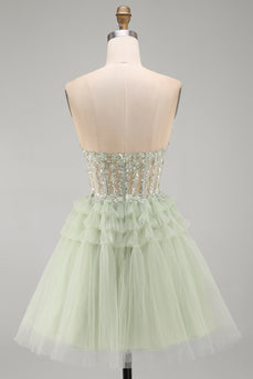 Floral Dusty Sage A-Line Corset Ruffled Short Cocktail Dress