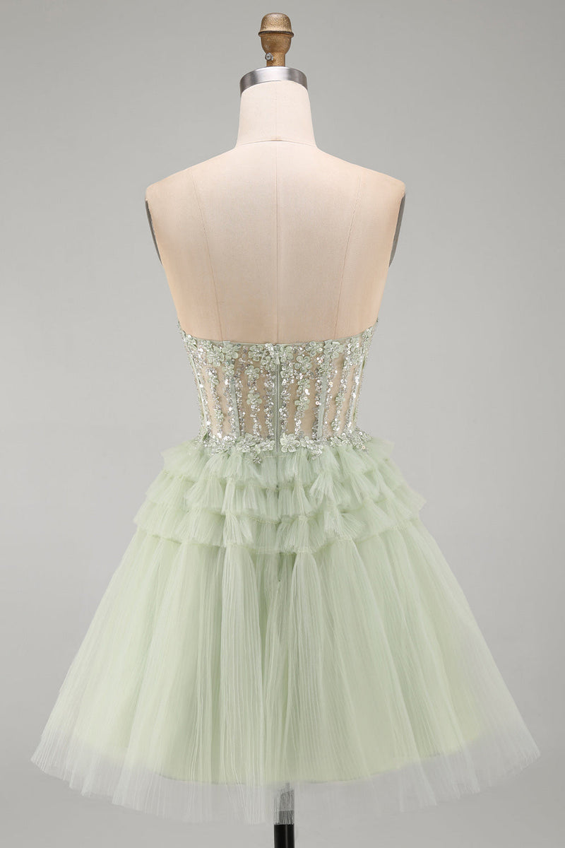 Load image into Gallery viewer, Floral Dusty Sage A-Line Corset Ruffled Short Cocktail Dress