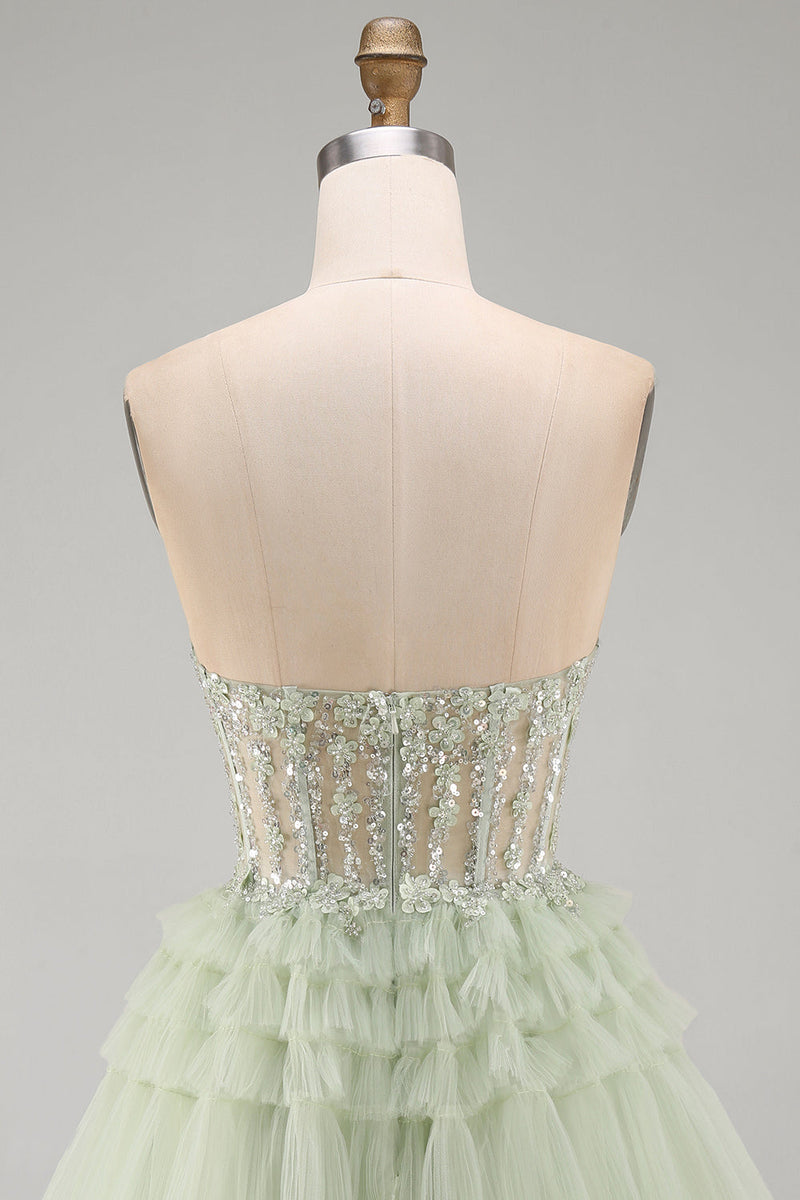 Load image into Gallery viewer, Floral Dusty Sage A-Line Corset Ruffled Short Cocktail Dress