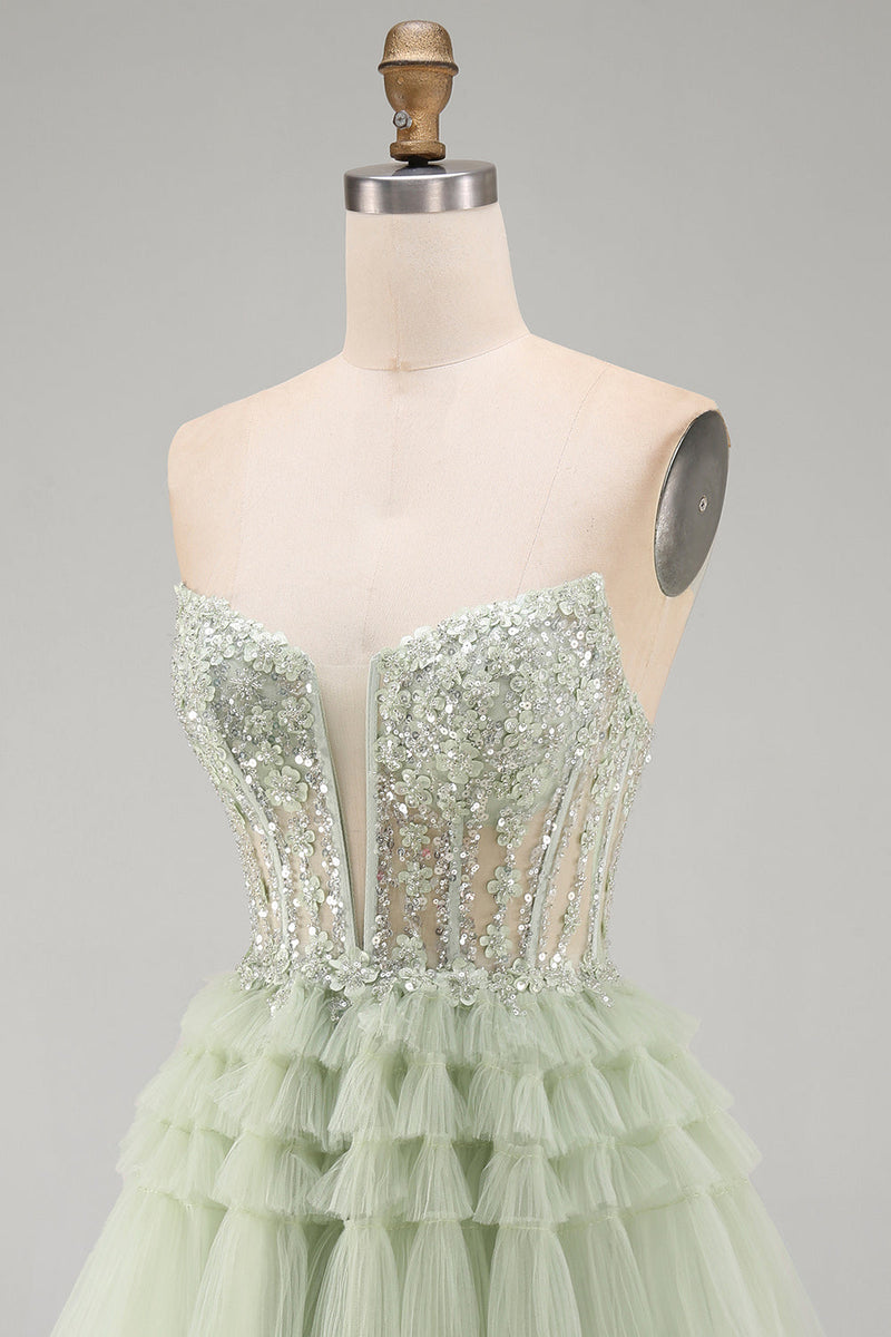 Load image into Gallery viewer, Floral Dusty Sage A-Line Corset Ruffled Short Cocktail Dress