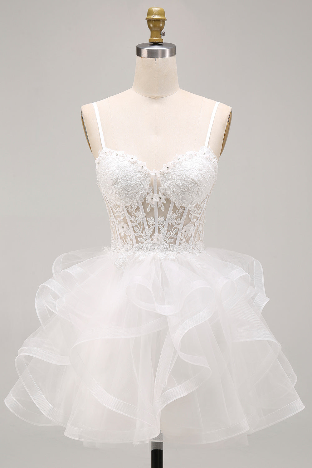 Sparkly White Floral Corset A-Line Ruffled Short Cocktail Dress