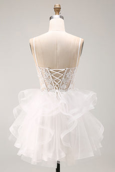 Sparkly White Floral Corset A-Line Ruffled Short Cocktail Dress