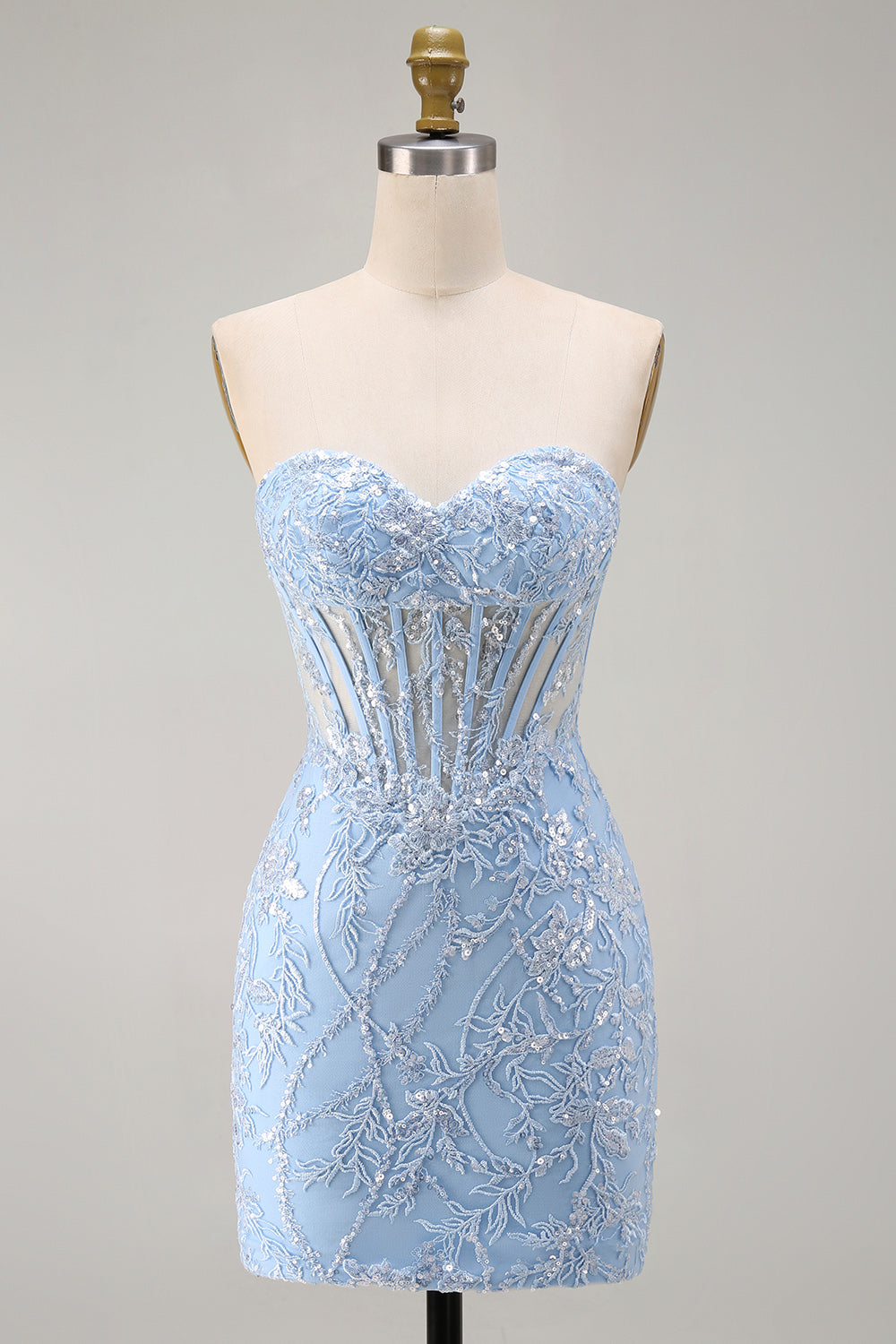 Blue Floral Corset Sweetheart Sparkly Short Tight Cocktail Dress