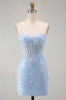 Load image into Gallery viewer, Blue Floral Corset Sweetheart Sparkly Short Tight Cocktail Dress