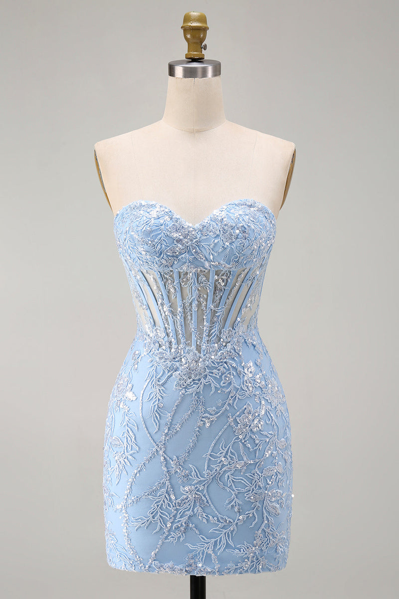 Load image into Gallery viewer, Blue Floral Corset Sweetheart Sparkly Short Tight Cocktail Dress