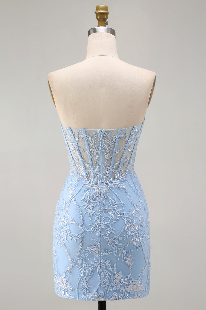 Load image into Gallery viewer, Blue Floral Corset Sweetheart Sparkly Short Tight Cocktail Dress