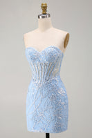 Load image into Gallery viewer, Blue Floral Corset Sweetheart Sparkly Short Tight Cocktail Dress