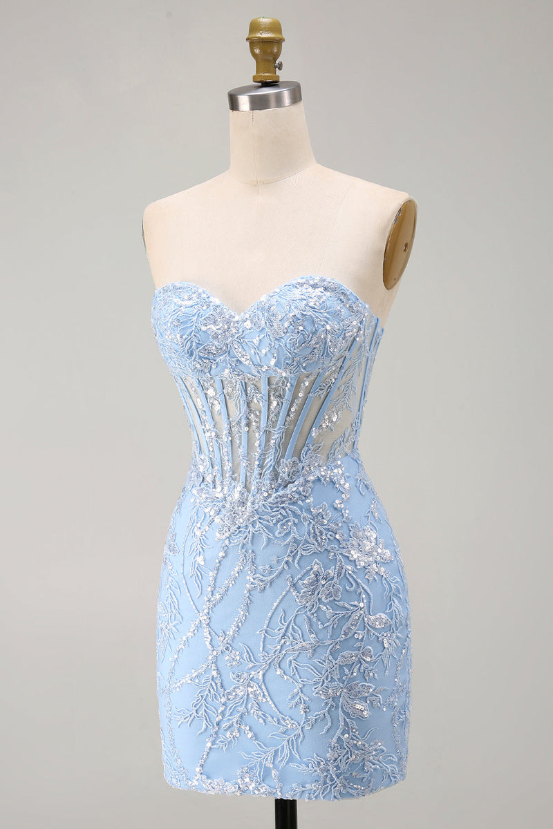 Load image into Gallery viewer, Blue Floral Corset Sweetheart Sparkly Short Tight Cocktail Dress