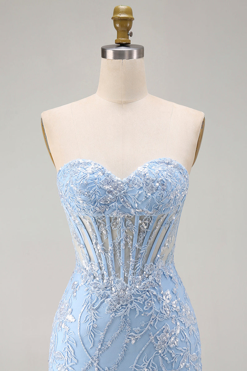 Load image into Gallery viewer, Blue Floral Corset Sweetheart Sparkly Short Tight Cocktail Dress