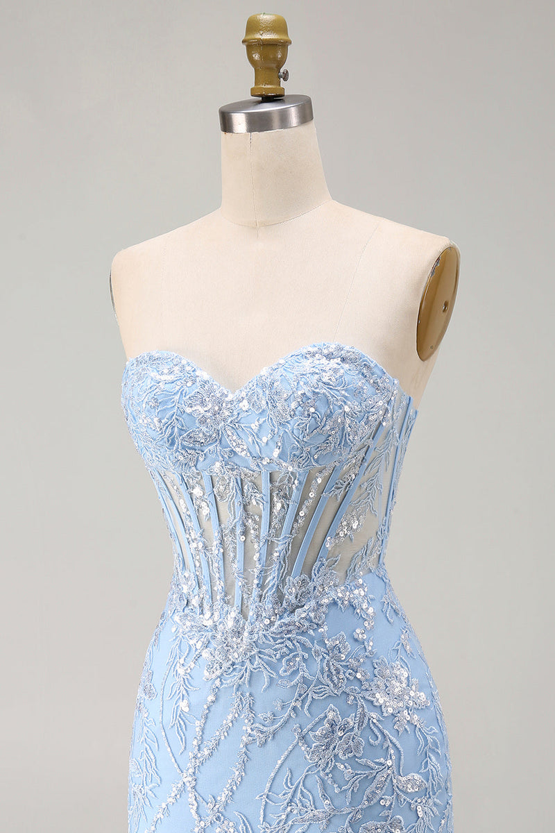 Load image into Gallery viewer, Blue Floral Corset Sweetheart Sparkly Short Tight Cocktail Dress