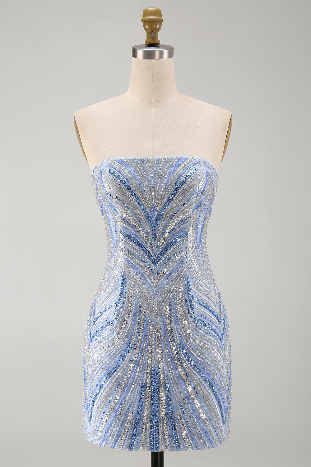 Blue Beaded Sequins Sparkly Tight Strapless Short Cocktail Dress