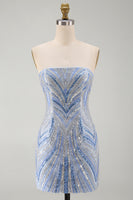 Load image into Gallery viewer, Blue Beaded Sequins Sparkly Tight Strapless Short Cocktail Dress