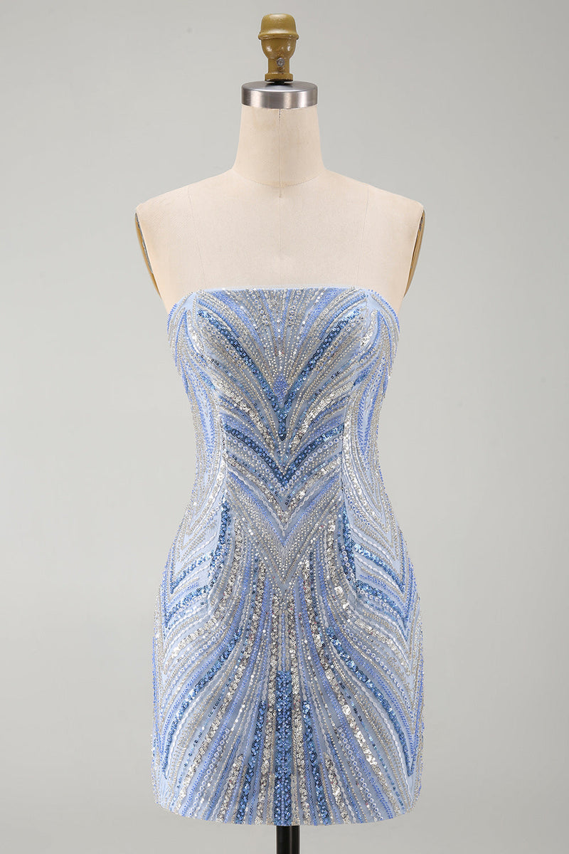 Load image into Gallery viewer, Blue Beaded Sequins Sparkly Tight Strapless Short Cocktail Dress