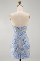 Load image into Gallery viewer, Blue Beaded Sequins Sparkly Tight Strapless Short Cocktail Dress