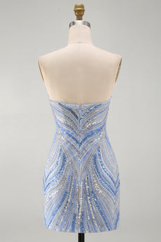 Blue Beaded Sequins Sparkly Tight Strapless Short Cocktail Dress