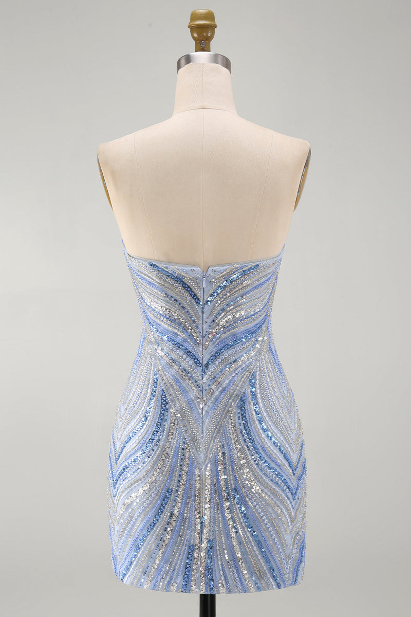Load image into Gallery viewer, Blue Beaded Sequins Sparkly Tight Strapless Short Cocktail Dress