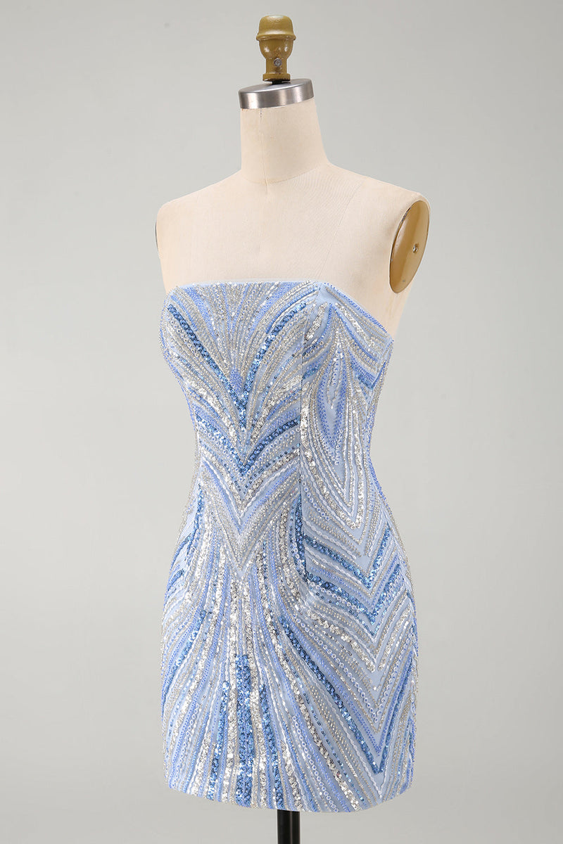 Load image into Gallery viewer, Blue Beaded Sequins Sparkly Tight Strapless Short Cocktail Dress