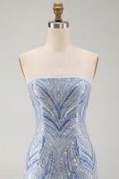 Load image into Gallery viewer, Blue Beaded Sequins Sparkly Tight Strapless Short Cocktail Dress