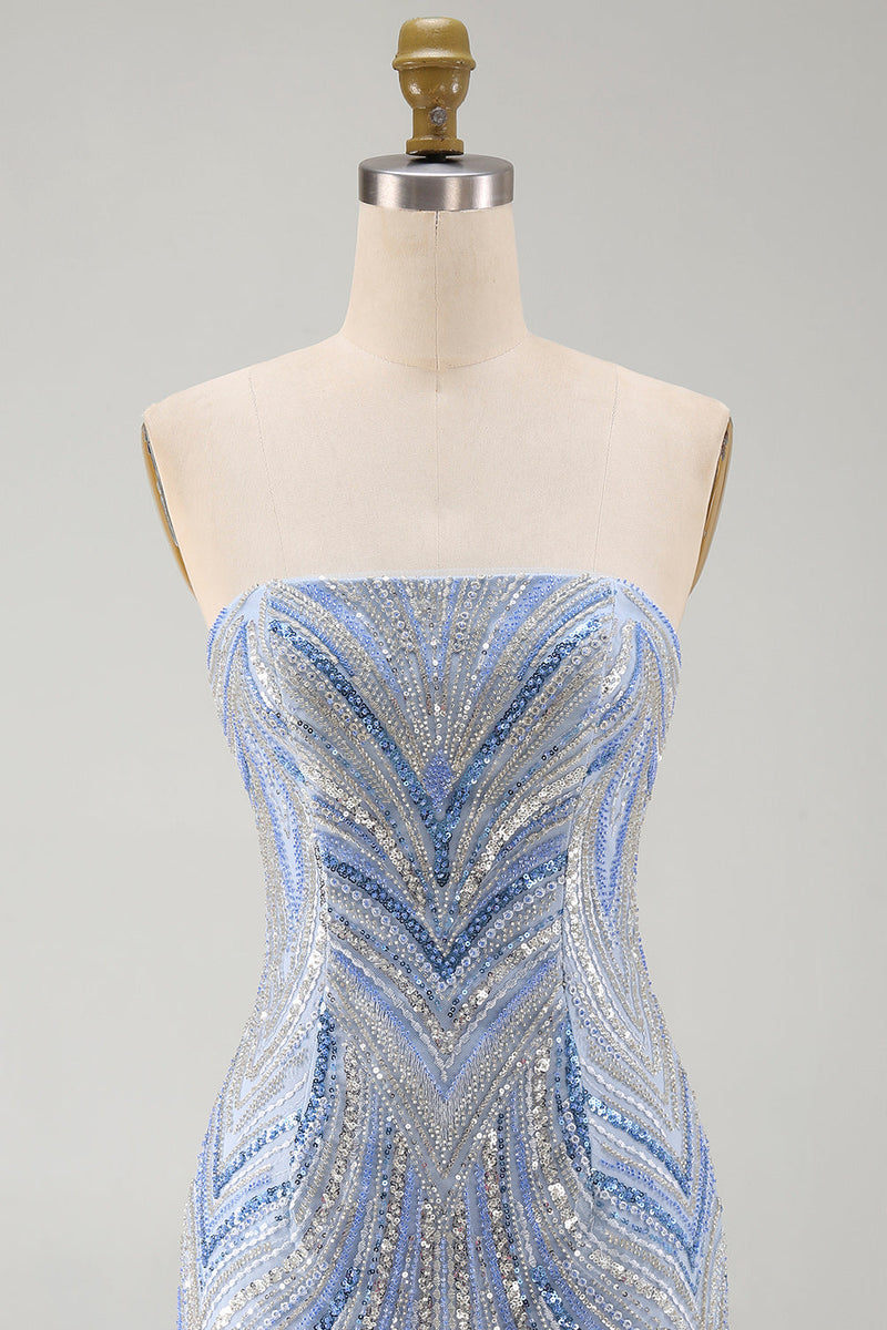 Load image into Gallery viewer, Blue Beaded Sequins Sparkly Tight Strapless Short Cocktail Dress