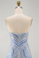 Load image into Gallery viewer, Blue Beaded Sequins Sparkly Tight Strapless Short Cocktail Dress