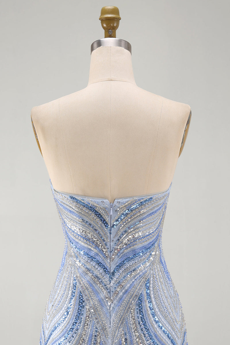 Load image into Gallery viewer, Blue Beaded Sequins Sparkly Tight Strapless Short Cocktail Dress