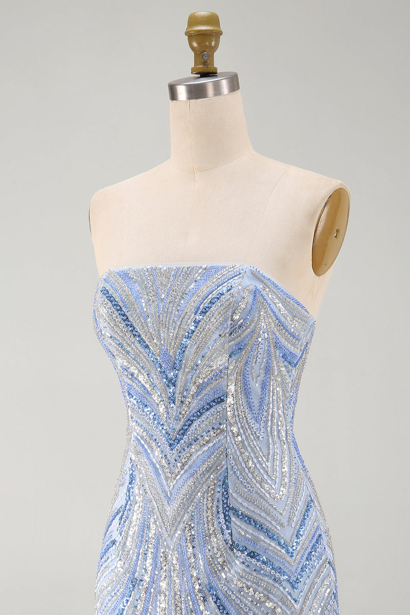 Load image into Gallery viewer, Blue Beaded Sequins Sparkly Tight Strapless Short Cocktail Dress