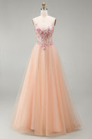 Load image into Gallery viewer, Sparkly Champagne Corset Beaded Floral A Line Long Prom Dress