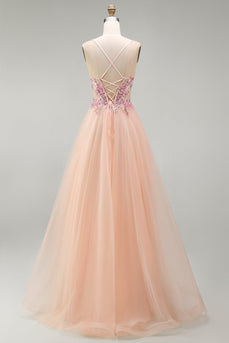 Sparkly Champagne Corset Beaded Floral A Line Long Prom Dress