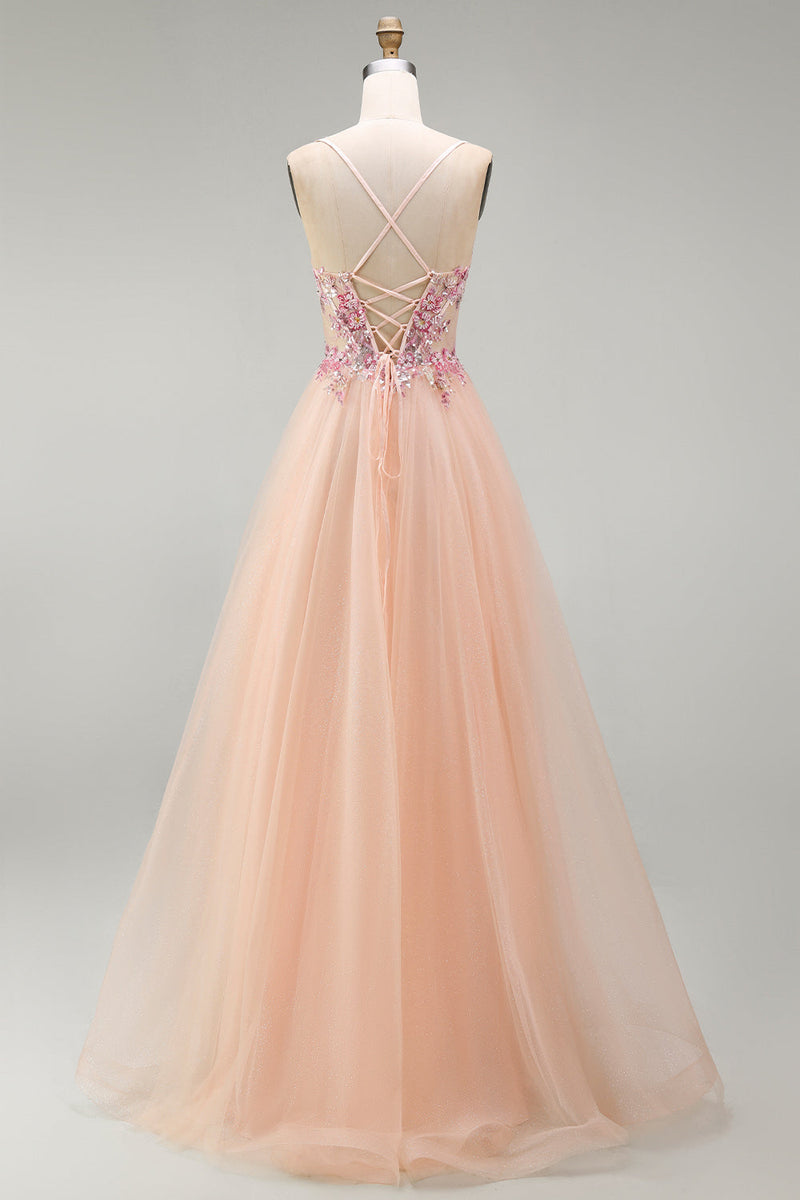 Load image into Gallery viewer, Sparkly Champagne Corset Beaded Floral A Line Long Prom Dress