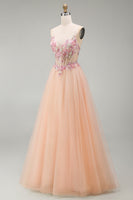 Load image into Gallery viewer, Sparkly Champagne Corset Beaded Floral A Line Long Prom Dress