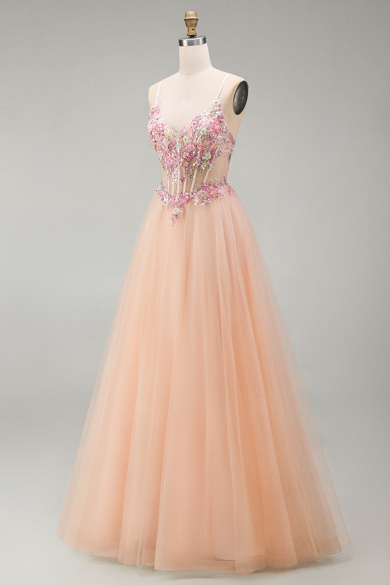 Load image into Gallery viewer, Sparkly Champagne Corset Beaded Floral A Line Long Prom Dress